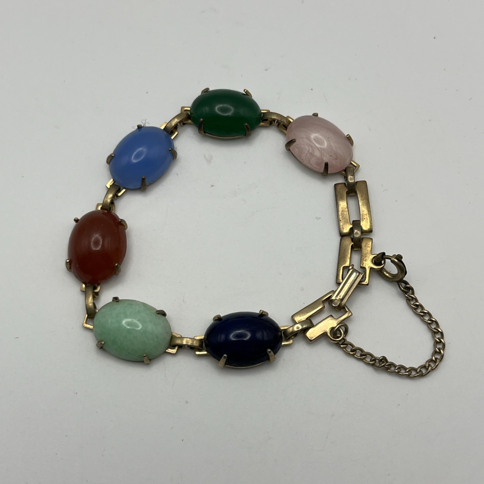 Multi Stone Uncarved Scarab Link Bracelet Semi Precious Stones 7