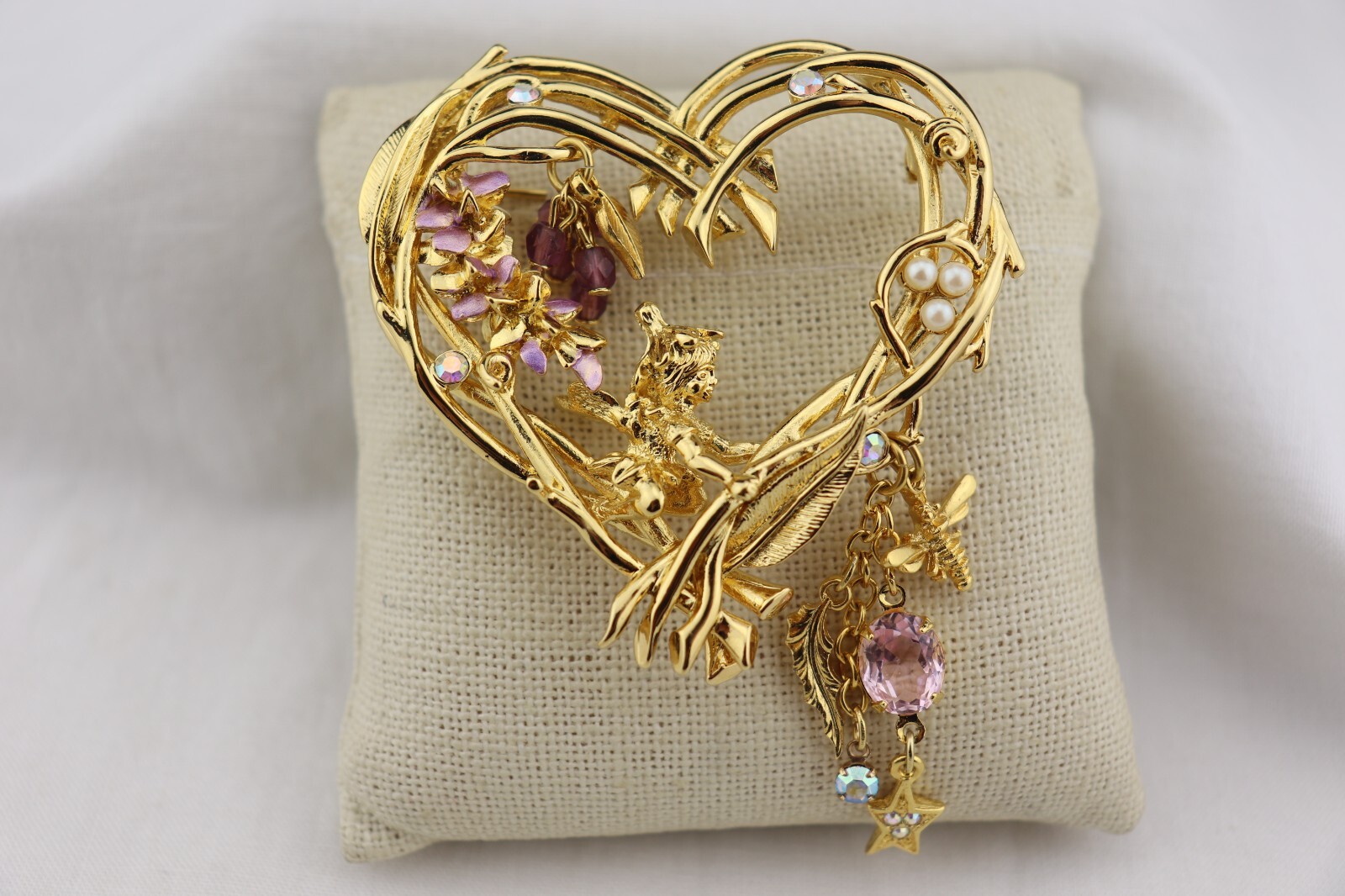 Vintage Kirks Folly Gold Tone Wisteria Heart Wood Fairy Rhinestone Pin Brooch