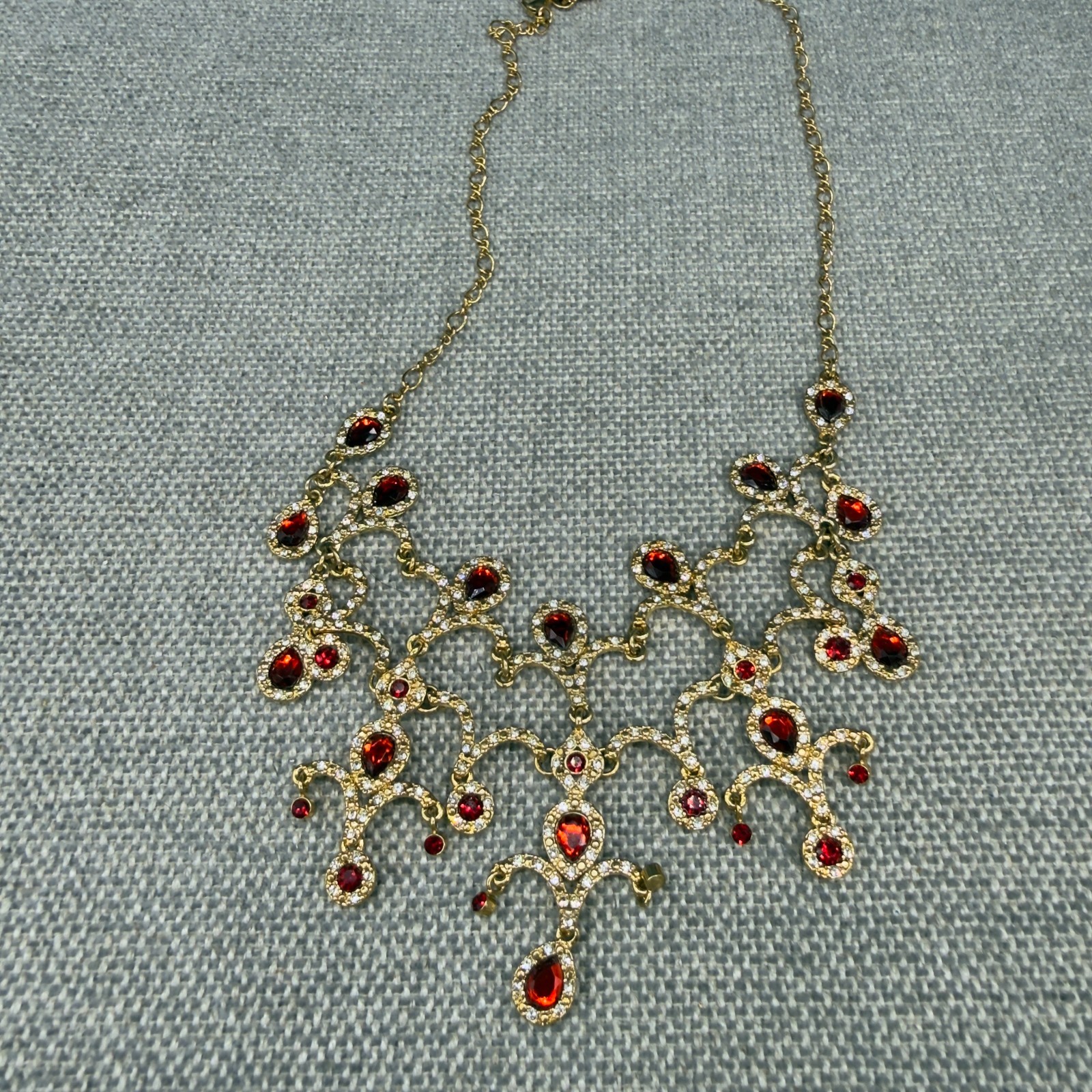 Vintage Bib Necklace Red Clear Rhinestones Gold Tone Dangles 17 Inch Adjustable