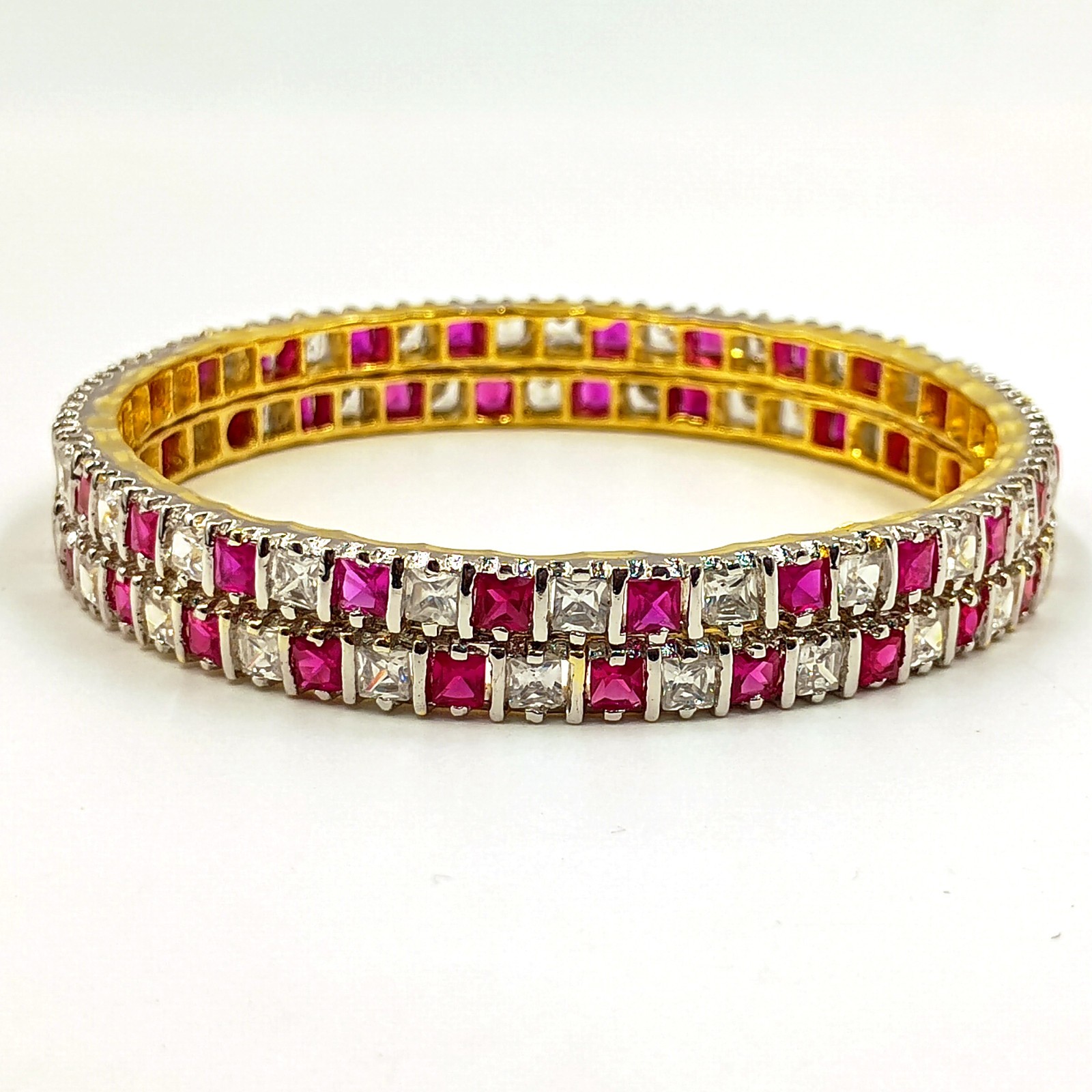 South Indian Style Ruby CZ Bangle Set 22K Gold Plated Traditional Bridal Jewelry