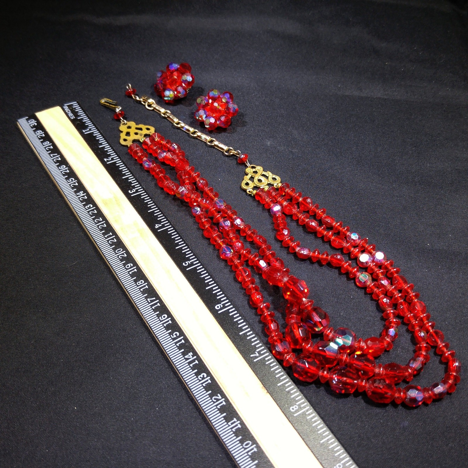 Vintage Czech Red Glass AB 3 Strand Necklace Earrings Set 1950s