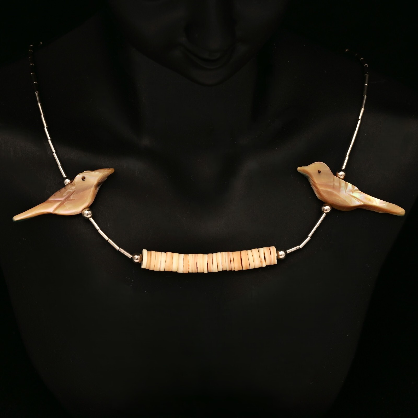 Vintage Original Native American Sterling Silver Mother of Pearl Bird Necklace