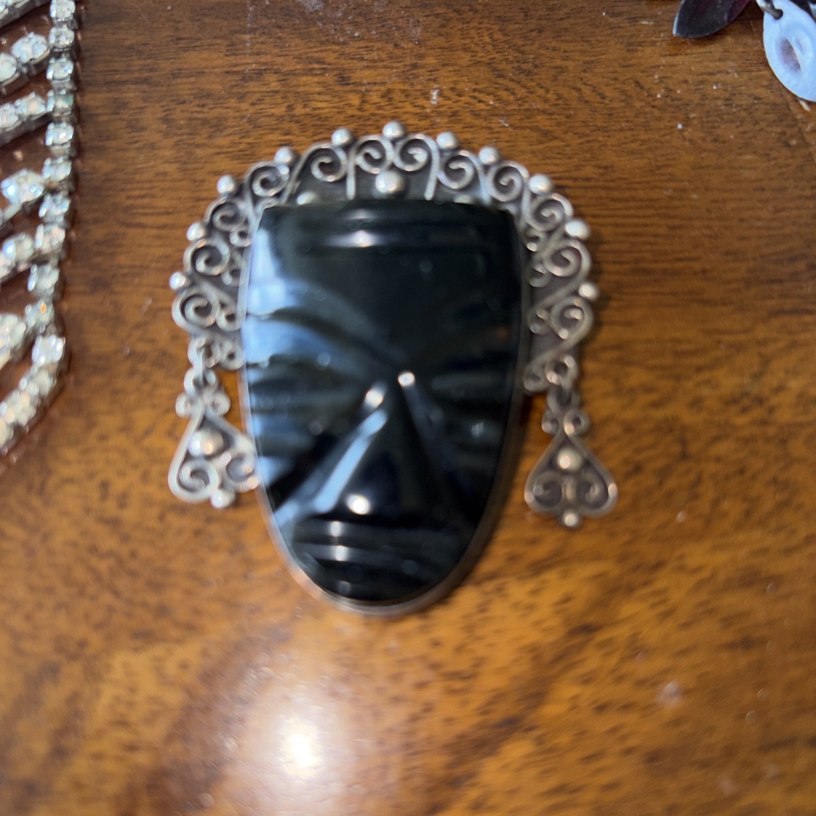 Vintage Mexican Sterling Silver Obsidian Mask Brooch Aztec Style