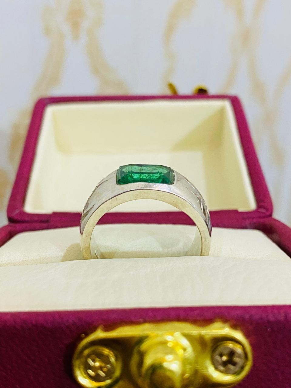 Emerald Ring Green Emerald Stone Ring Unisex Ring Silver Engraved Ring