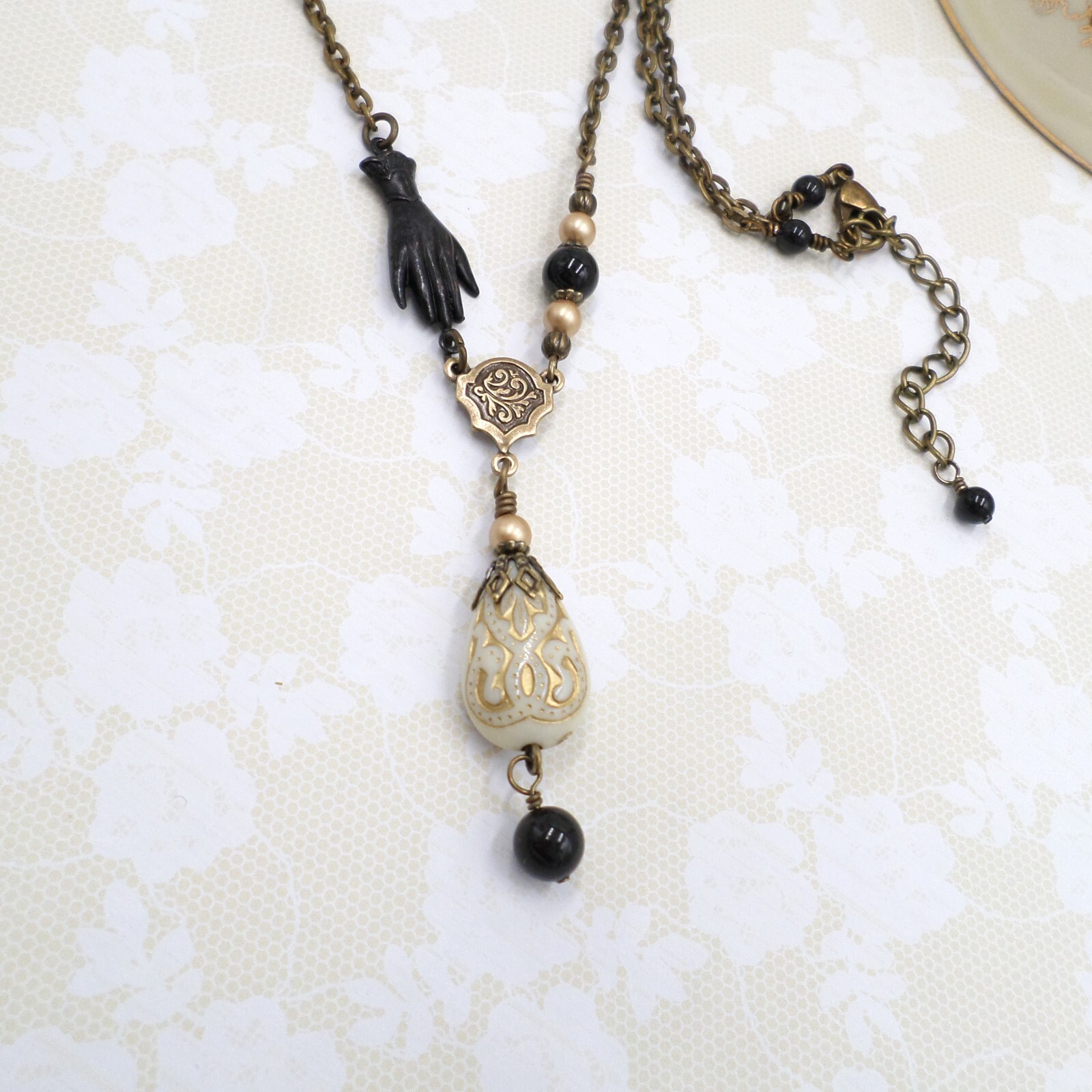 Victorian Reproduction Hand Necklace, Cream Black Gold Acrylic Metal Jewelry