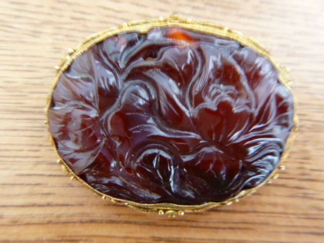 Antique Chinese Export Gilt Silver Carved Carnelian Flower Filigree Pin Brooch