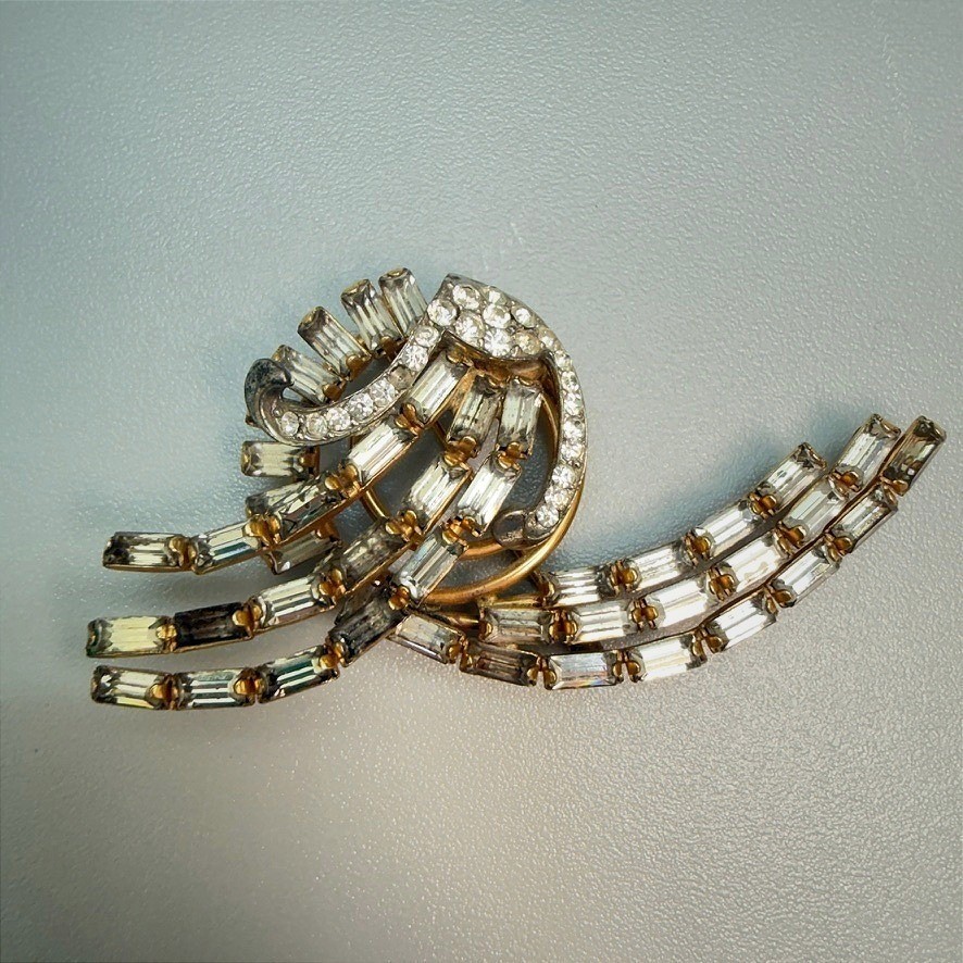 Vintage Art Deco Gold Filled Rhinestone Spray Brooch 1940s CR Co 1/20 12K Signed