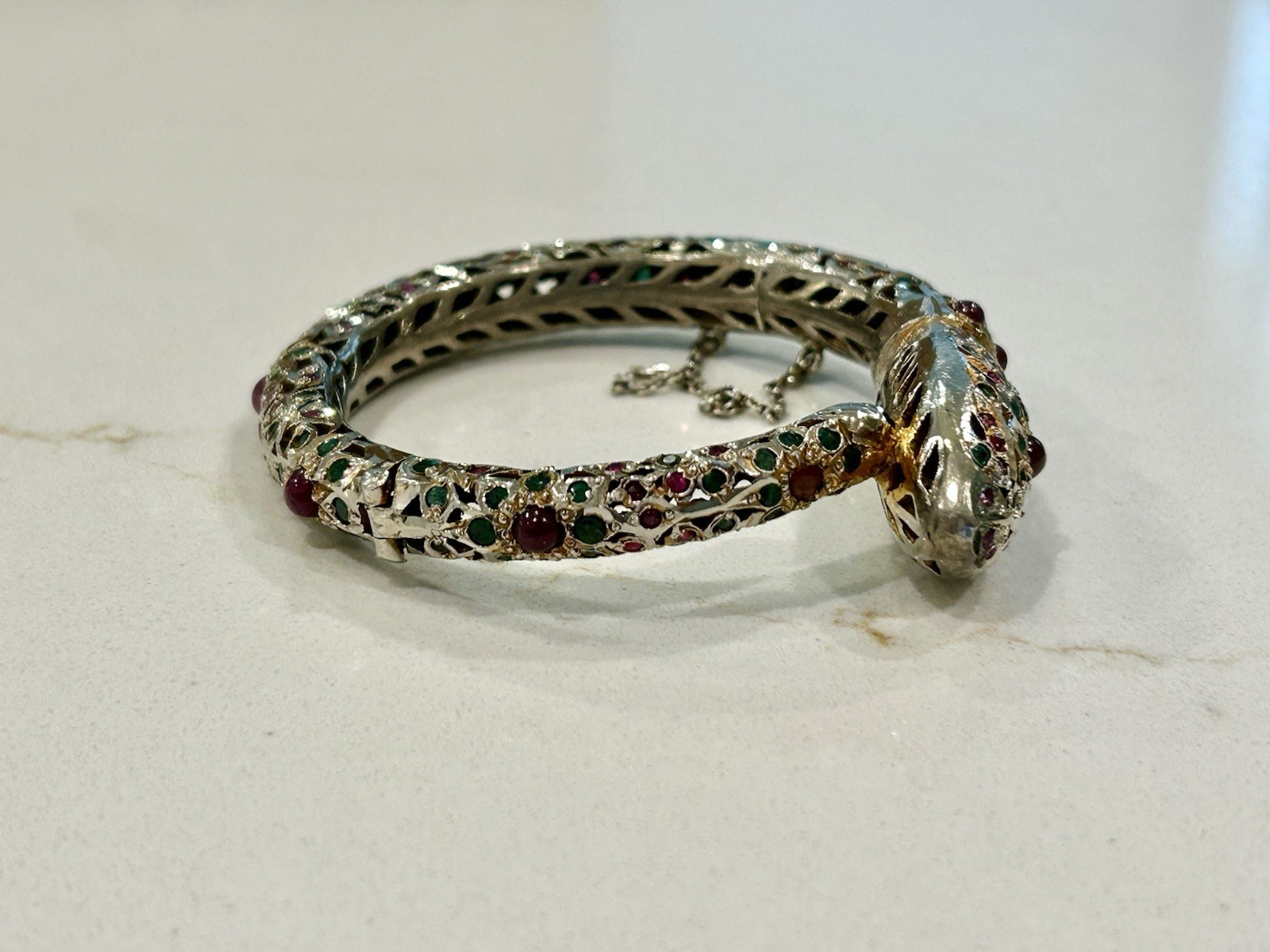 Antique Mughal Ruby Emerald Sterling Snake Bracelet Jewels Of India