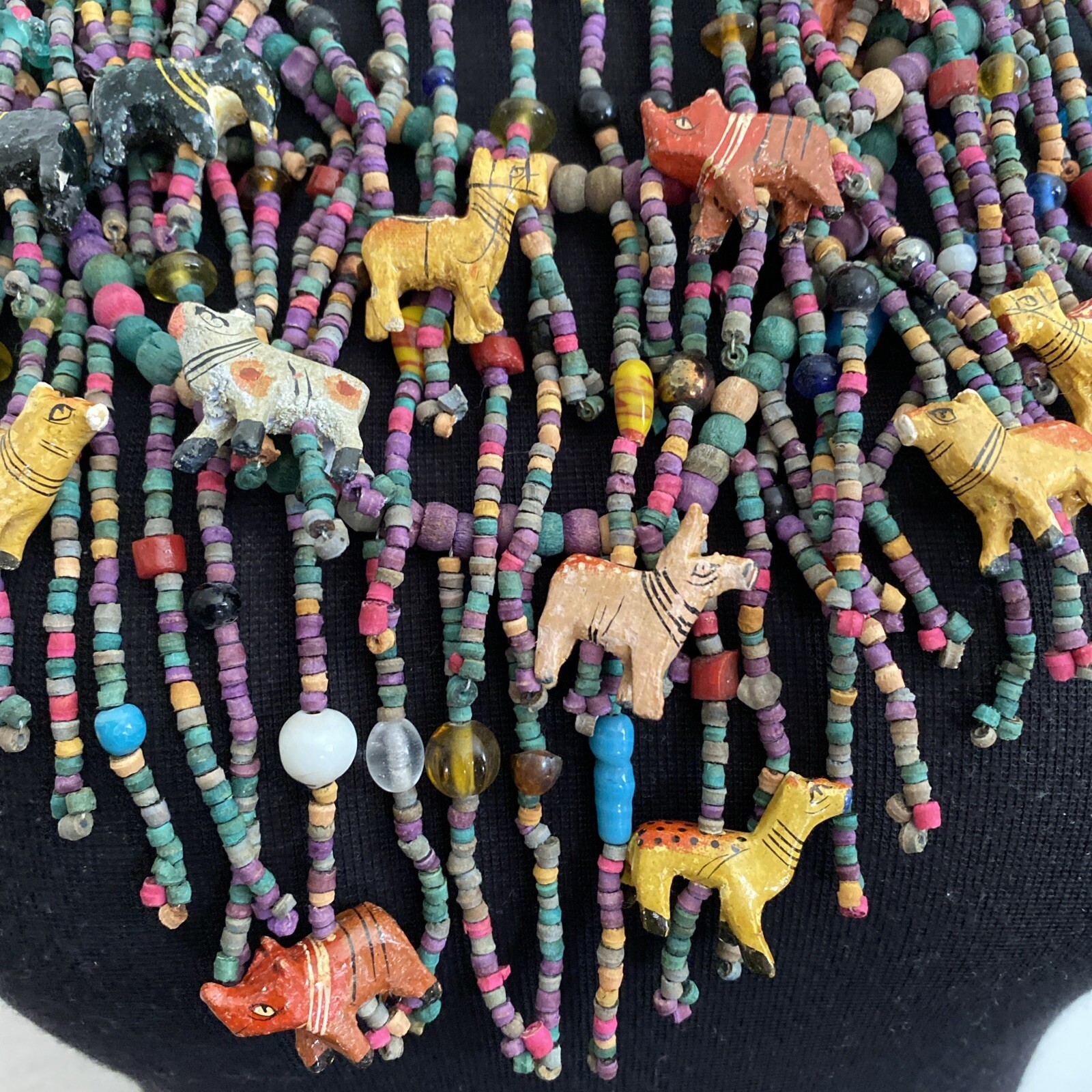 Vintage African Multi-Strand Wooden Carved Animal & Beads Necklace Earrings Set