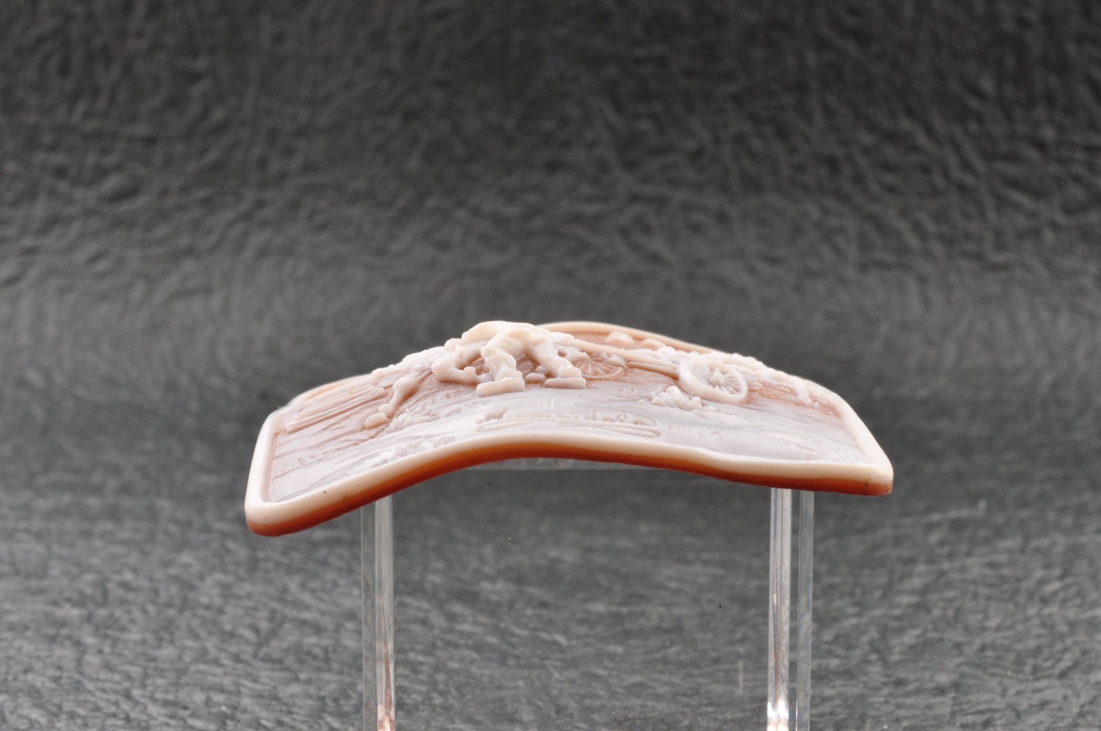 Vintage square shell cameo, carved “Women going out”, (74.5ct) sign by artist.