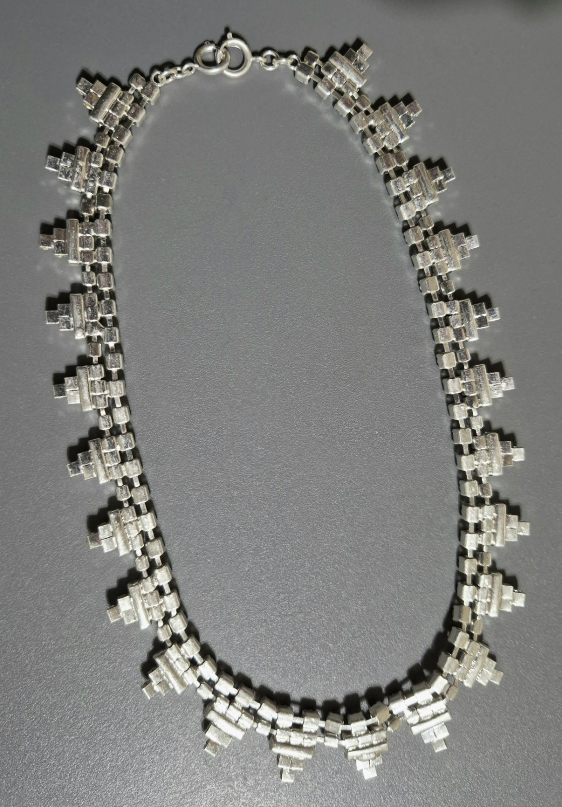 Vintage Deco Revival Necklace – Gray Clear Rhinestone – Silver Tone 16”
