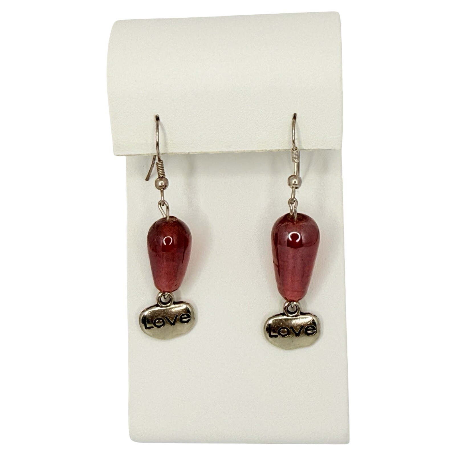 Red Earrings Art Glass Dangle 2” Beaded Love Charm Valentines Day