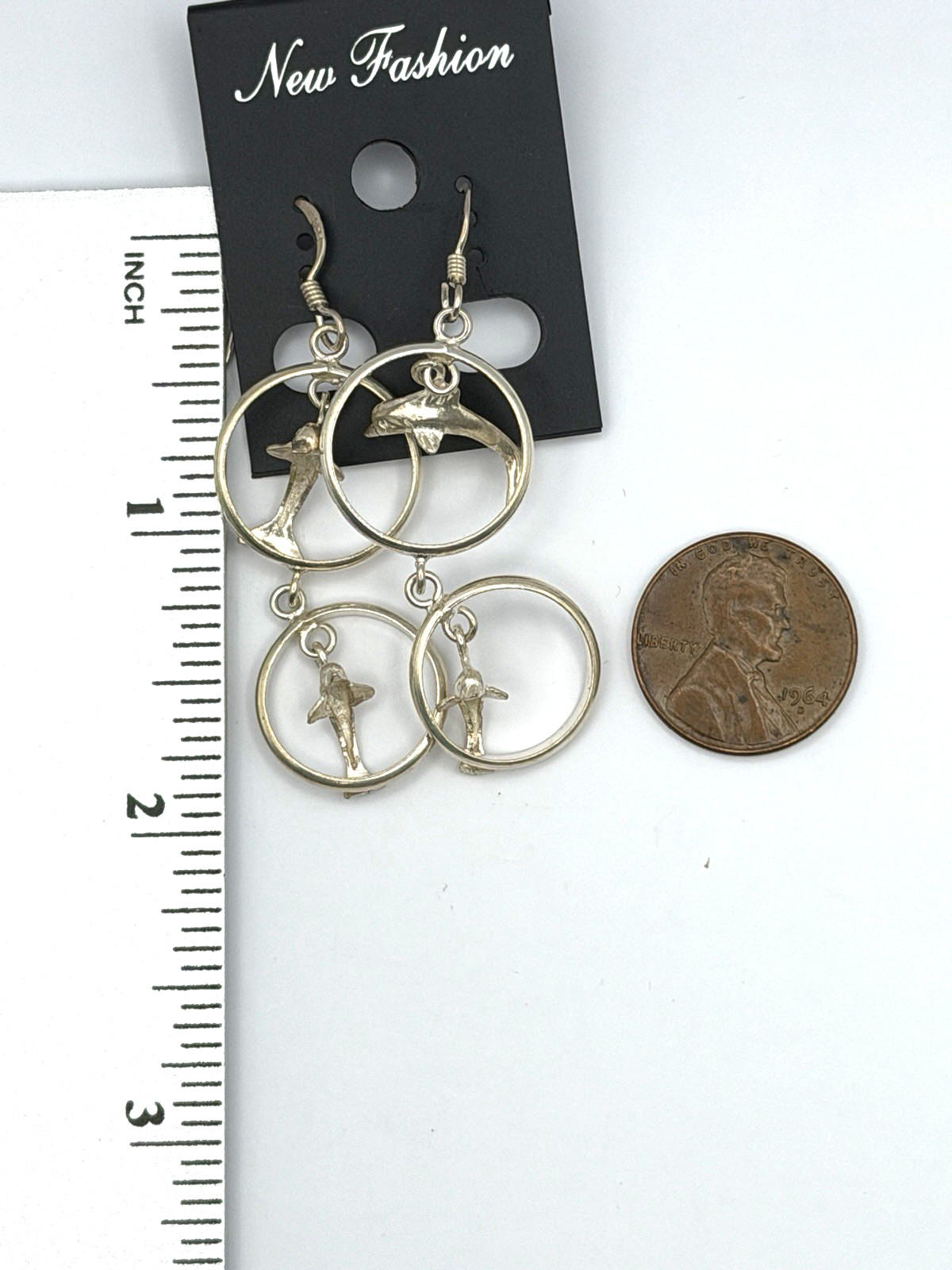 Vintage Sterling Silver Dangle Hoops with Dolphins Pierced Earrings