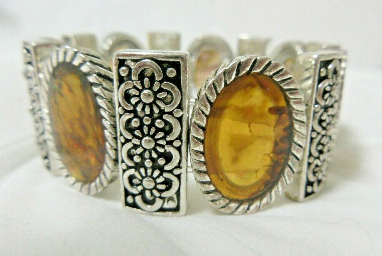 Vintage Ornate Silver Tone Rectangular & Oval Golden & Brown Inserts Bracelet 7″