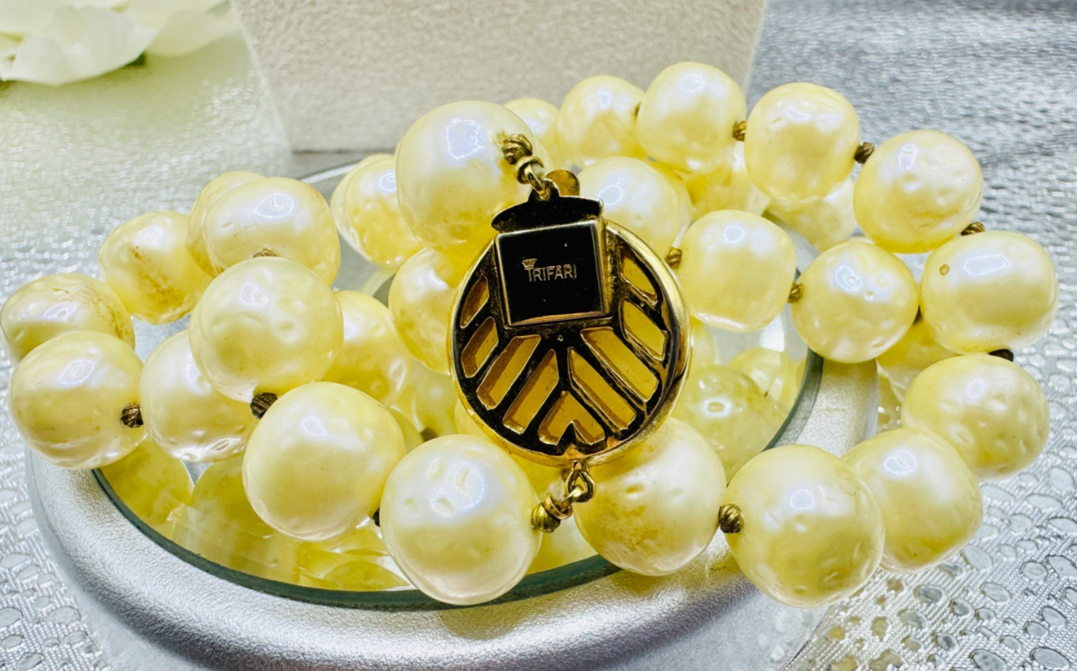 Rare! High End! “Trifari” w/Crown Over “T” 22″ Faux Baroque Pearls’ Necklace