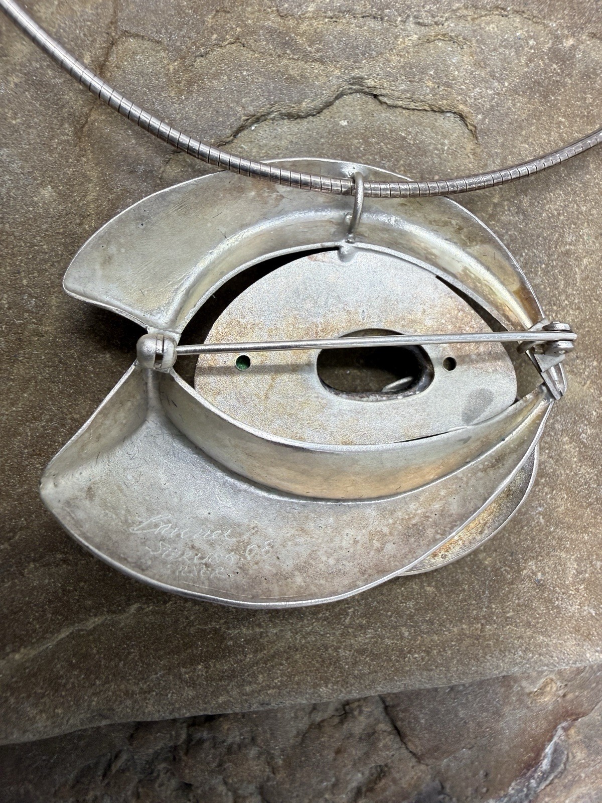 MCM Signed Artisan MODERNIST STERLING SILVER & ENAMEL Brooch PENDANT NECKLACE