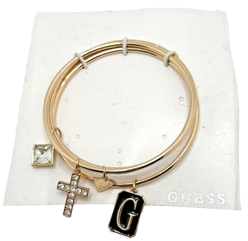 NEW GUESS 3 pc Charm Bracelet Set Stackable Bangle Stack Rose Gold Tone NWT