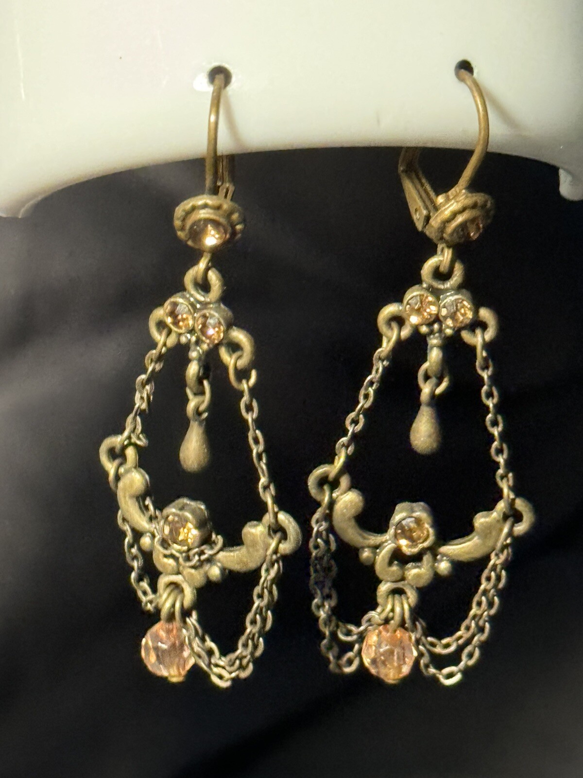 Antique Chandelier Peach Beads Earrings Alloy Metal Self Clasp Beautiful 2inch