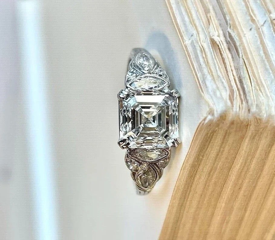 2.7Ct Asscher Cut VVS1 Lab Created Diamond Engagement 14K White Gold Finish Ring