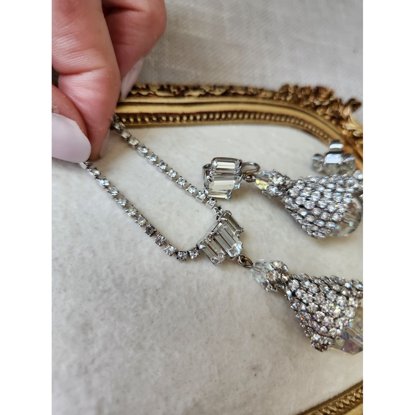Artisan Vintage Silver Crystal Tassel Necklace with Drop Earrings