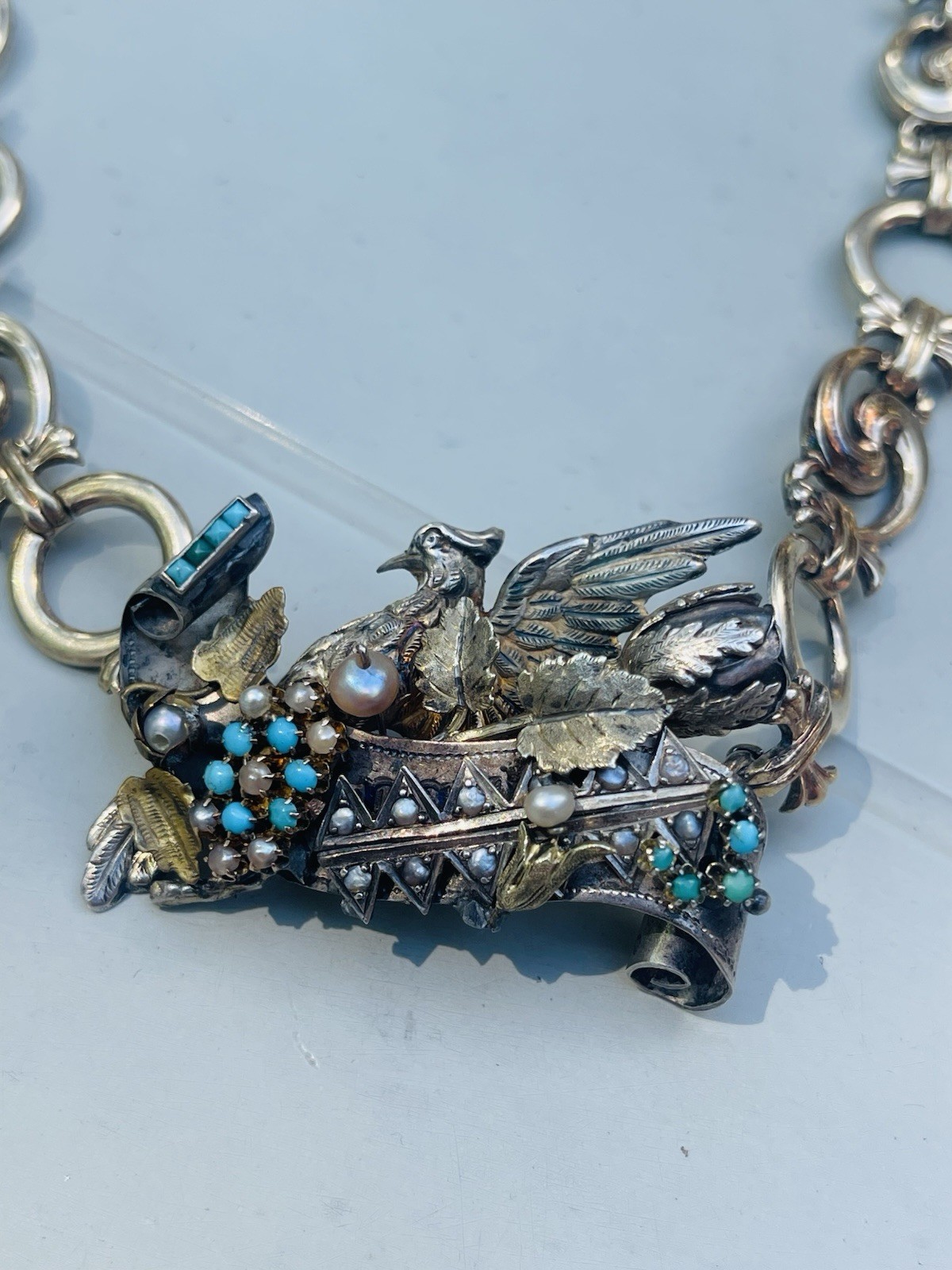 Antique Victorian Sterling Silver Vermeil Bird Turquoise Necklace