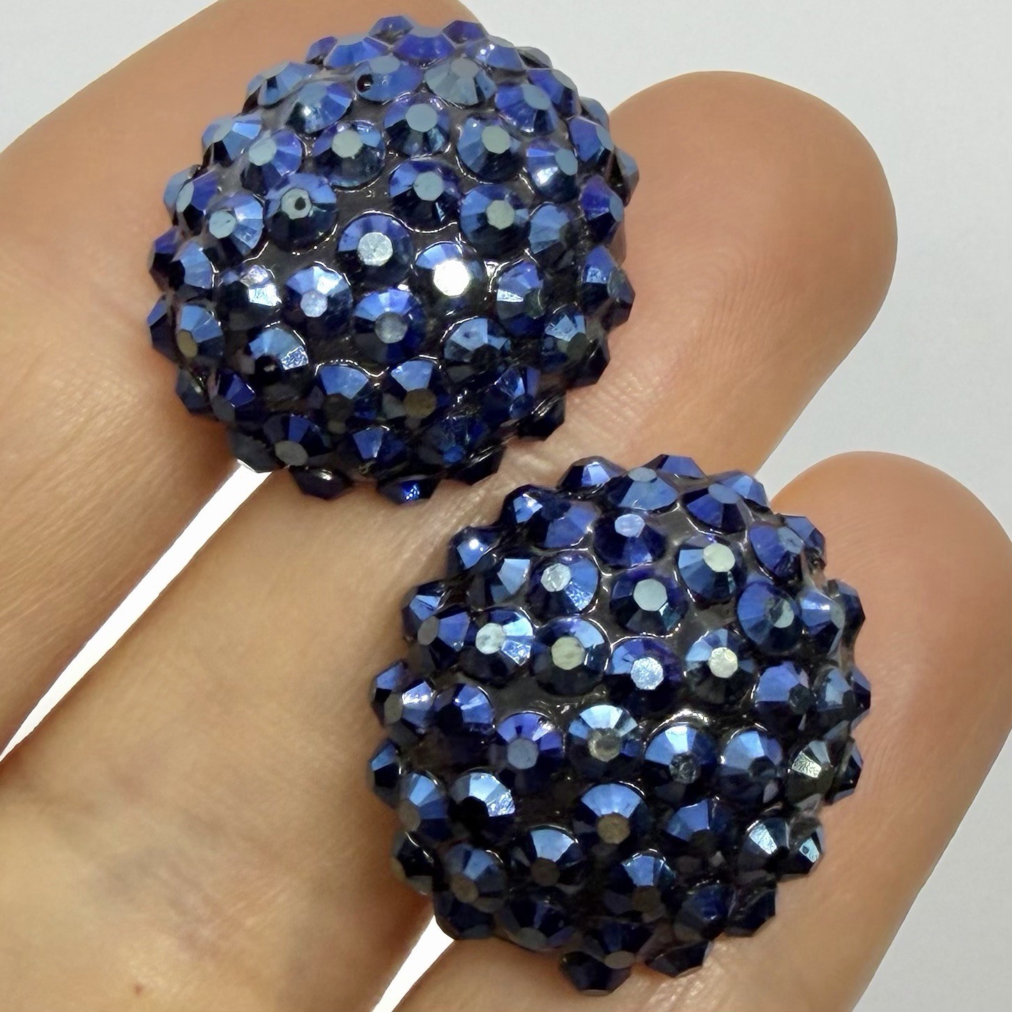 Vtg Blue Rhinestone Encrusted Dome AB Huggie Earrings Clip-on