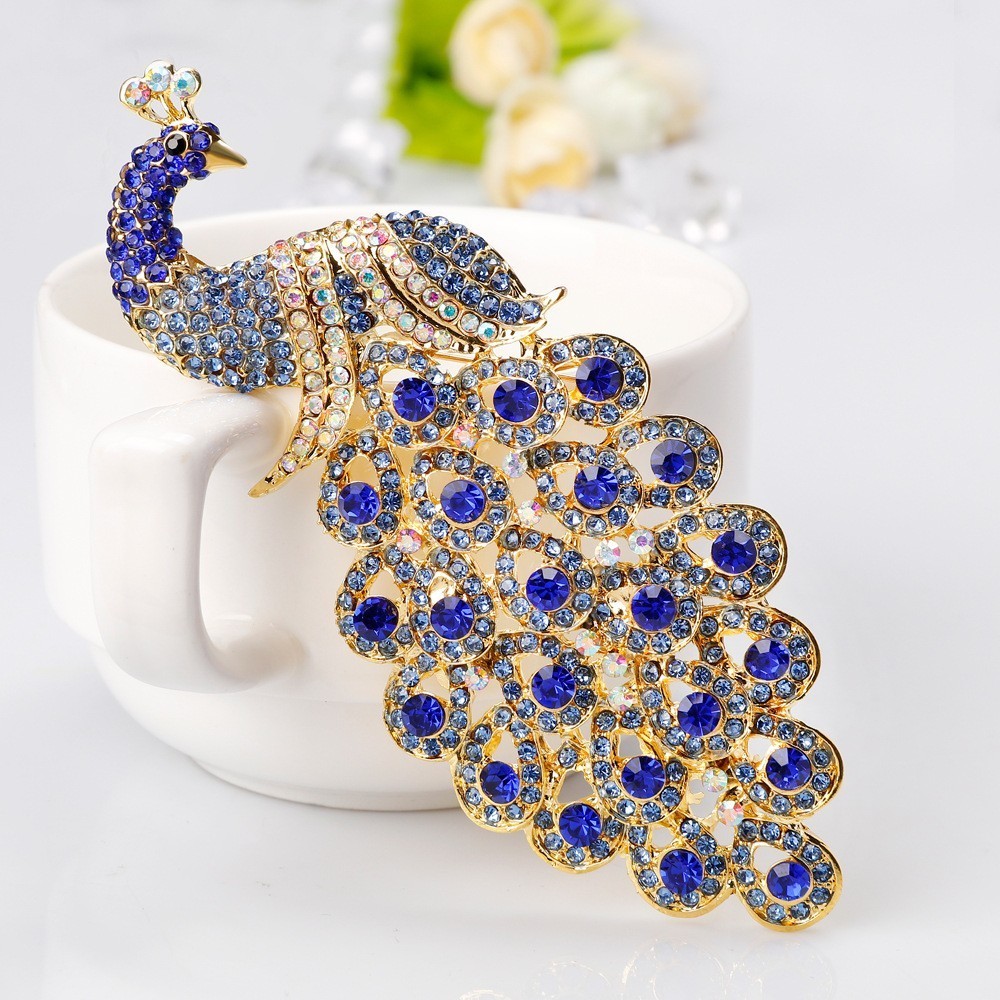 Blue Peacock Feather Brooch Pin Crystal Rhinestone Bird Jewelry Gift Women Glass