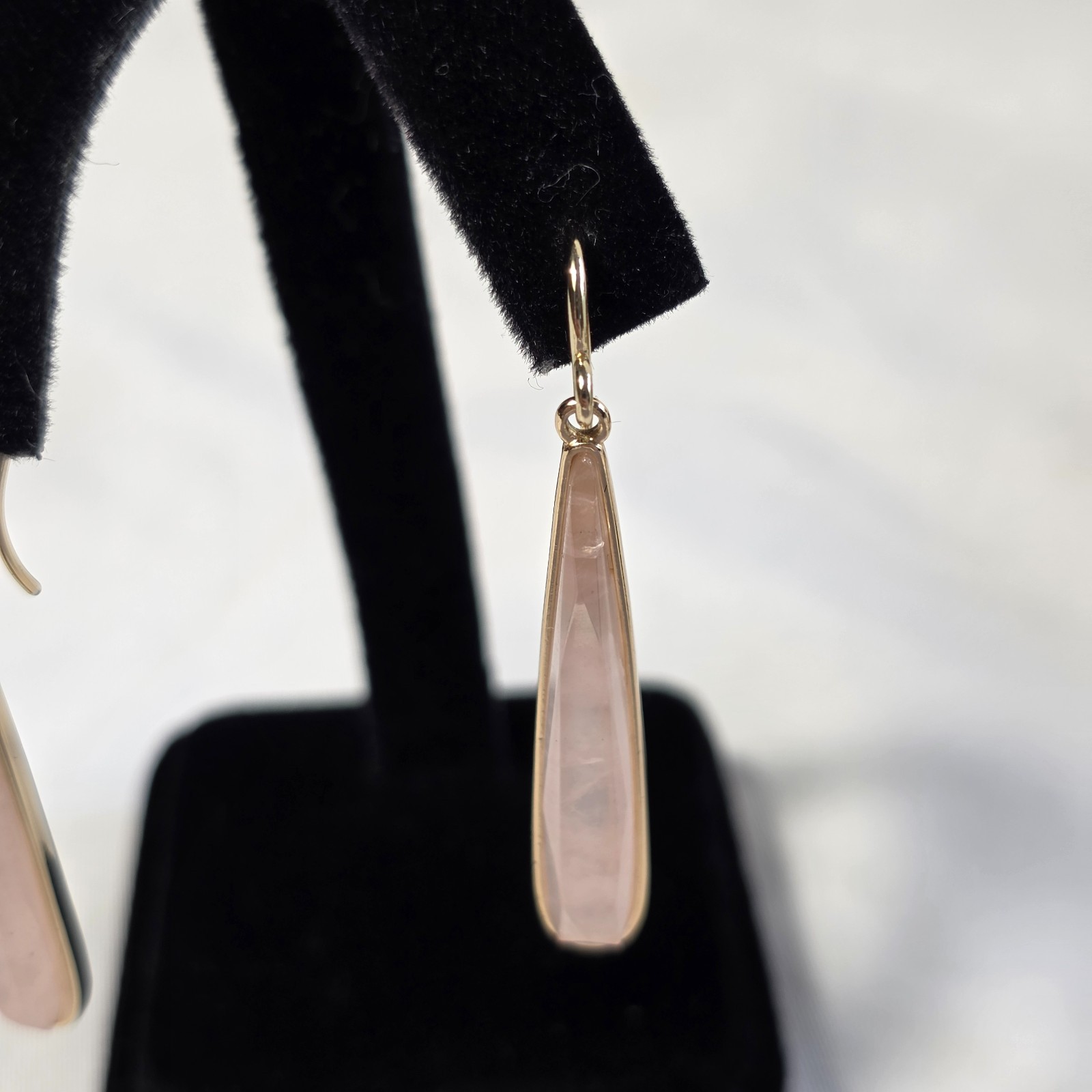 Linear Drop Wire Earrings Elongated Rose Quartz Teardrops in Gold-Tone Metal