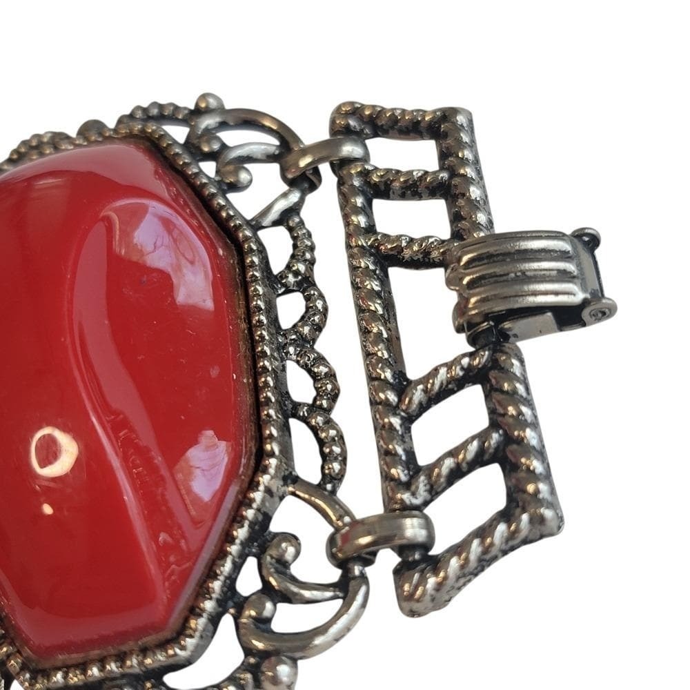Vintage Red Cabochon Panel Bracelet & Clip Earrings Set Silver Tone Filigree