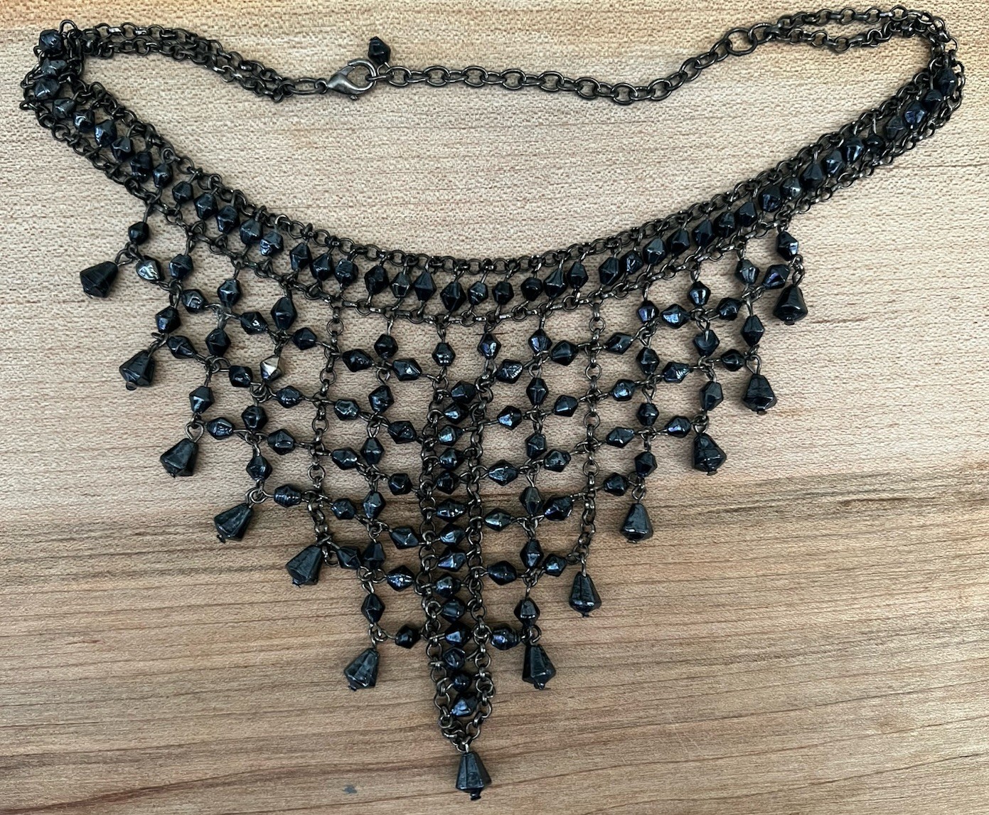 Vintage Black beaded bib statement necklace l glass beads l fringe l 11”