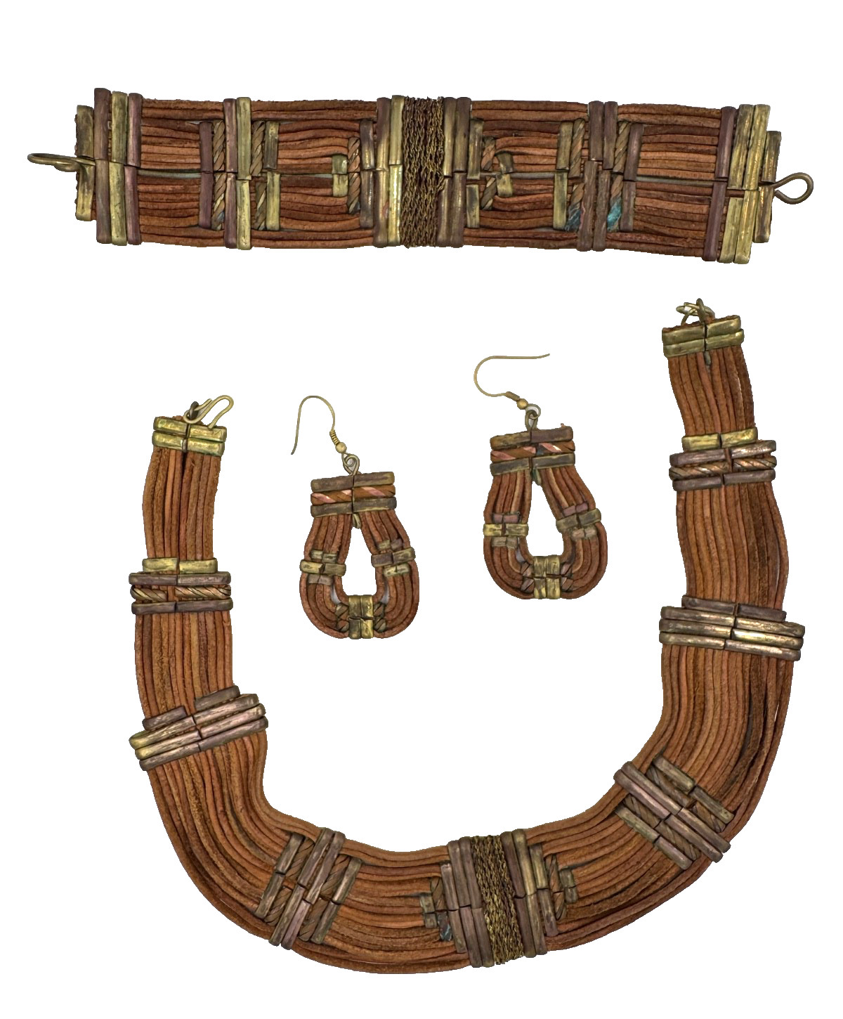 ETHNIC AFRICAN VINTAG SET EARRINGS NECKLACE BRACELET GENUINE LEATHER CORDS BRASS