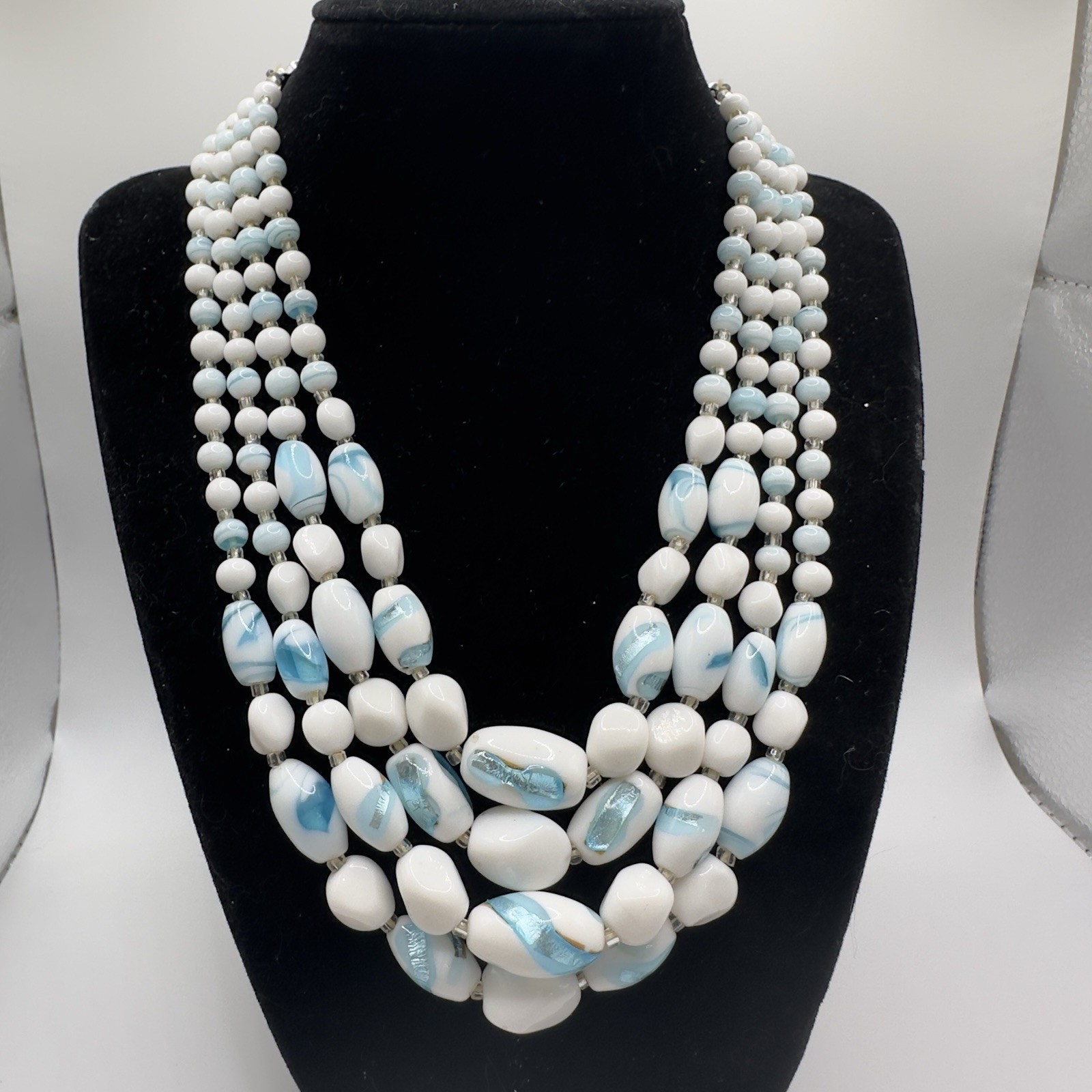 Vintage Multi 4 Strand Necklace Blue White Art Glass Beaded 17″ Choker Bib Japan