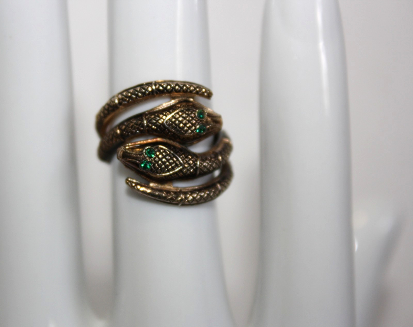 Vintage Signed STERLING ESPO Gold Tone Rhinestone Eye Double Snake Ring Sz 5.5