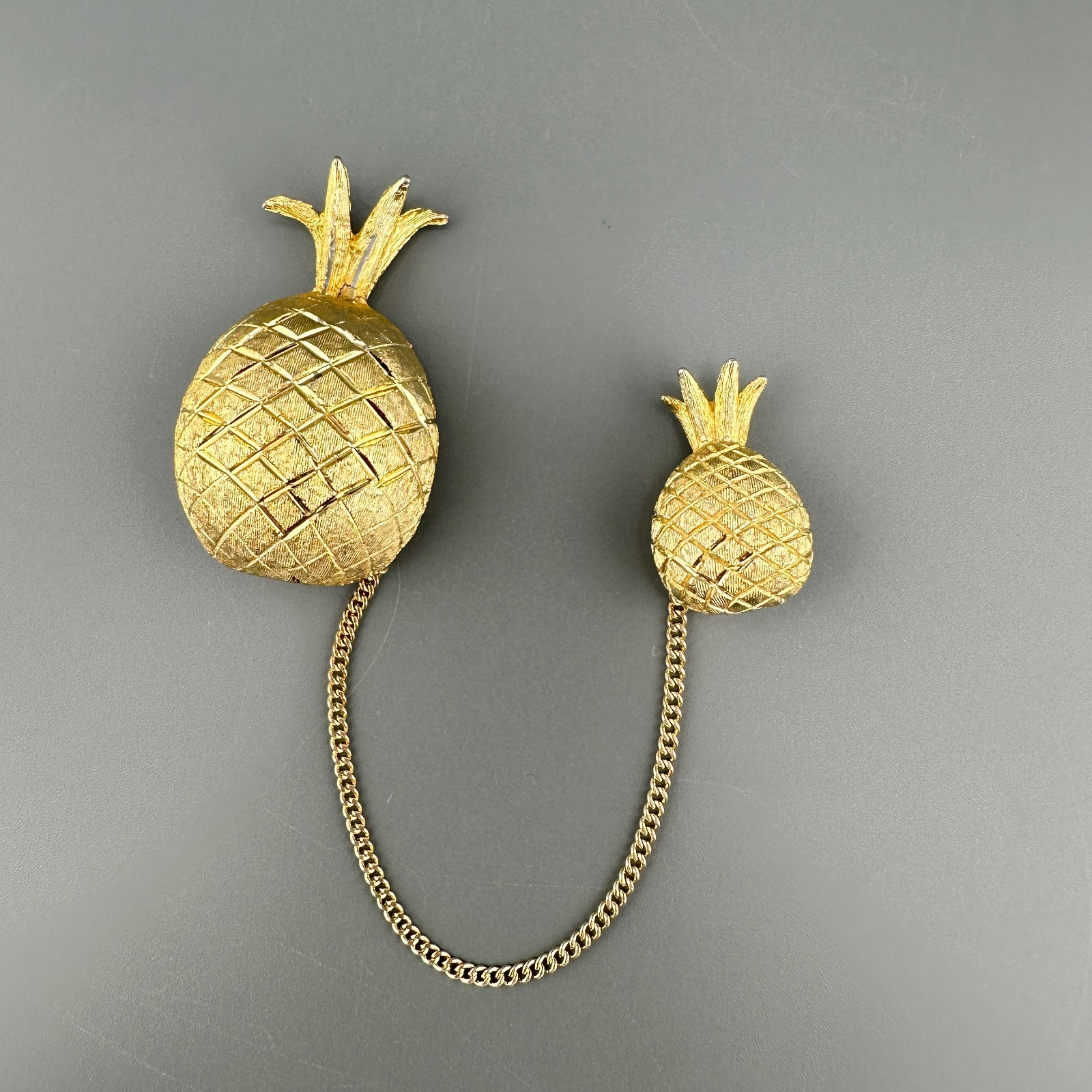 Vintage BSK Pineapple Brooch Double Pin Gold Tone Figural Connected 5″ Chain
