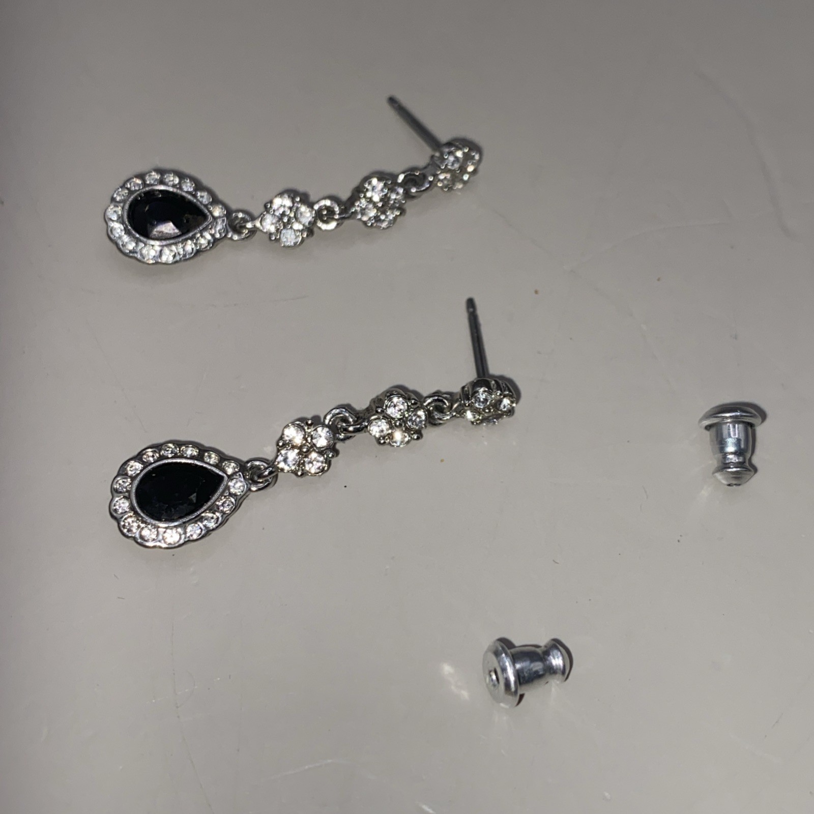 SPARKLE VTG Monet Necklace Earrings Set Black Glass Rhinestones SilverTone Chain