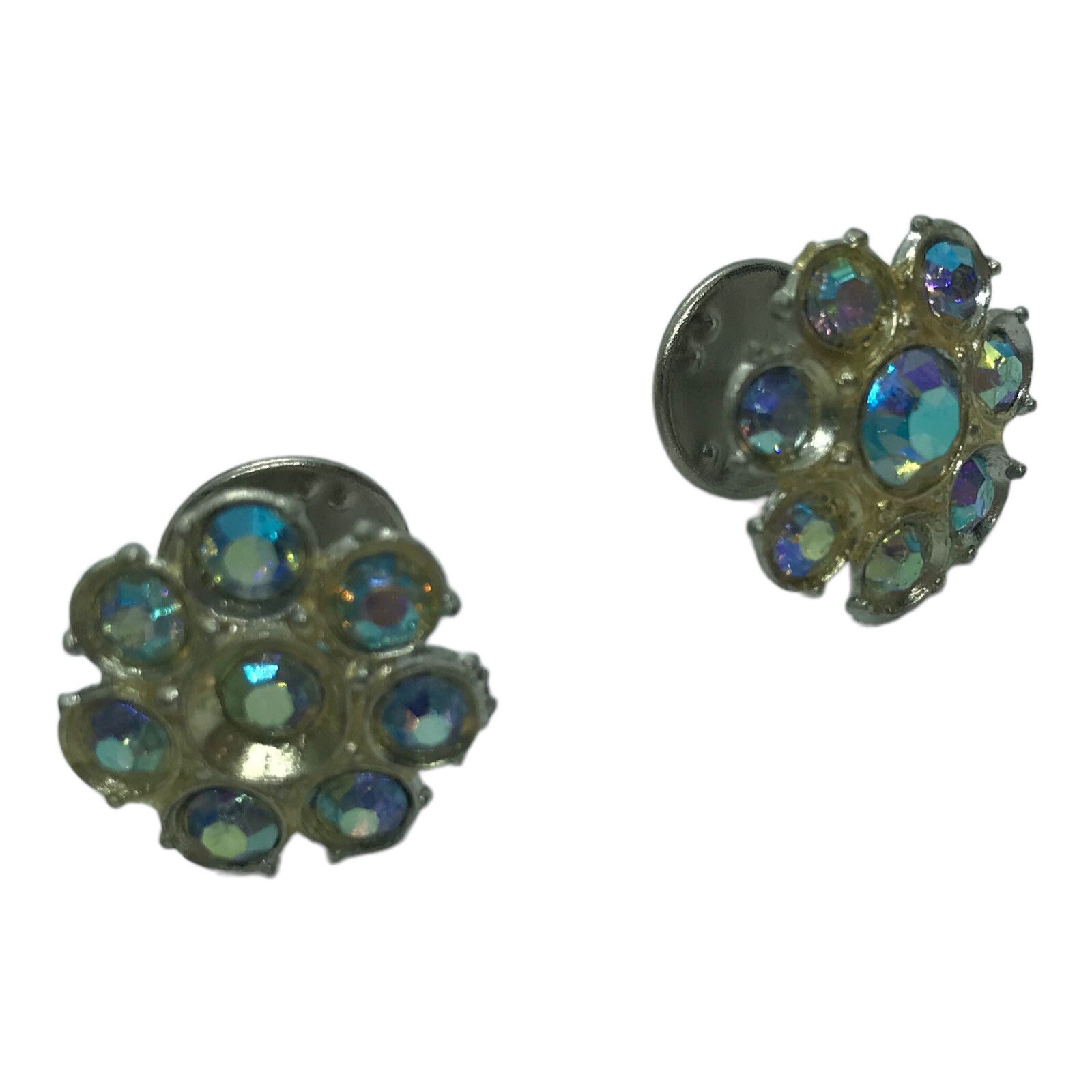 Vintage Scatter Pins Pot Metal Rhinestone set of 2 flower shape aurora borealis