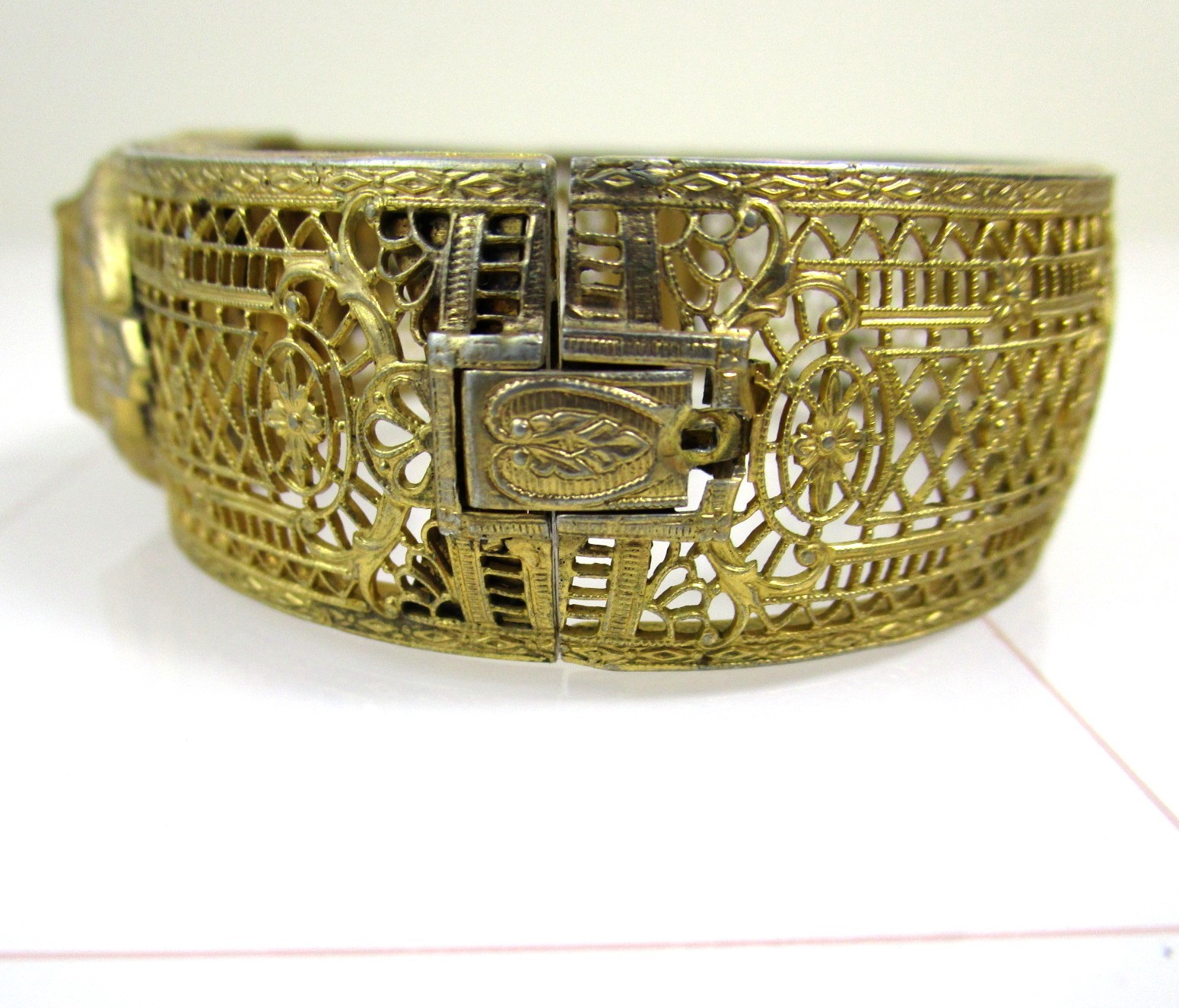 Antique Art Deco Gold Plated Filigree Bangle Bracelet Blue Stone ENW Elgin Watch