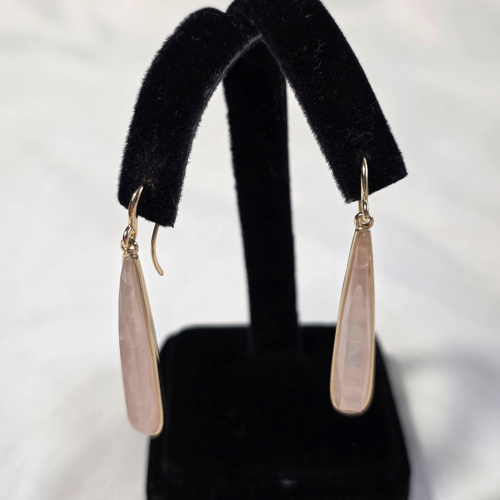 Linear Drop Wire Earrings Elongated Rose Quartz Teardrops in Gold-Tone Metal