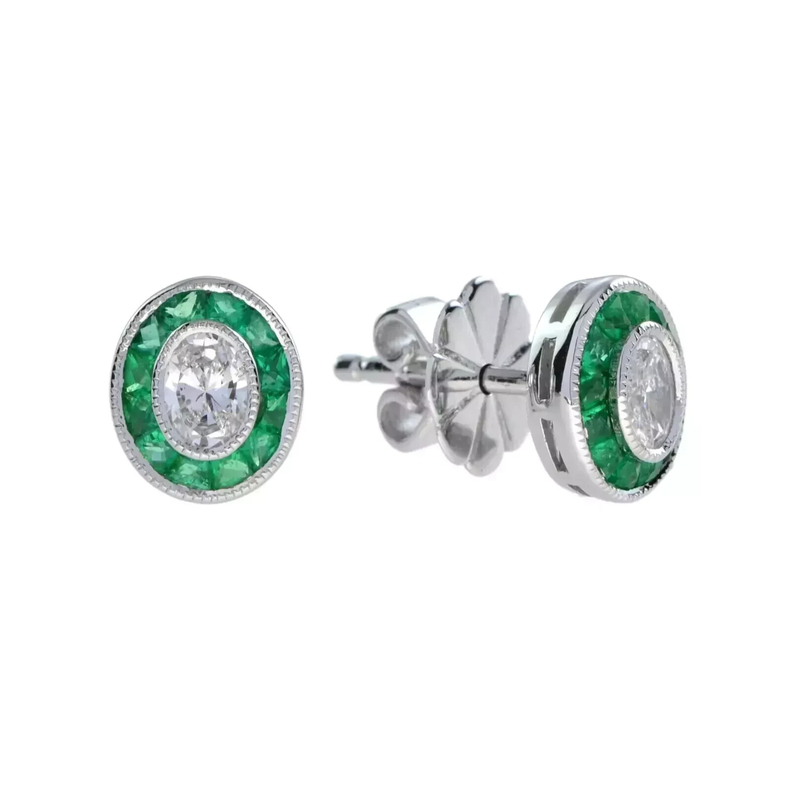 Art Deco Vintage Lab Created Emerald Diamond Antique Earring 14KWhite Gold FN