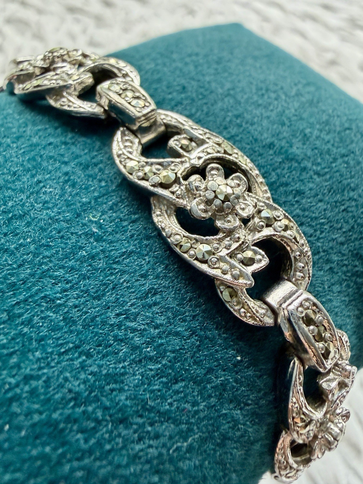 Antique Signed SPHINX Marcasite Link Bracelet Art Deco 1950s Floral Silver Tone