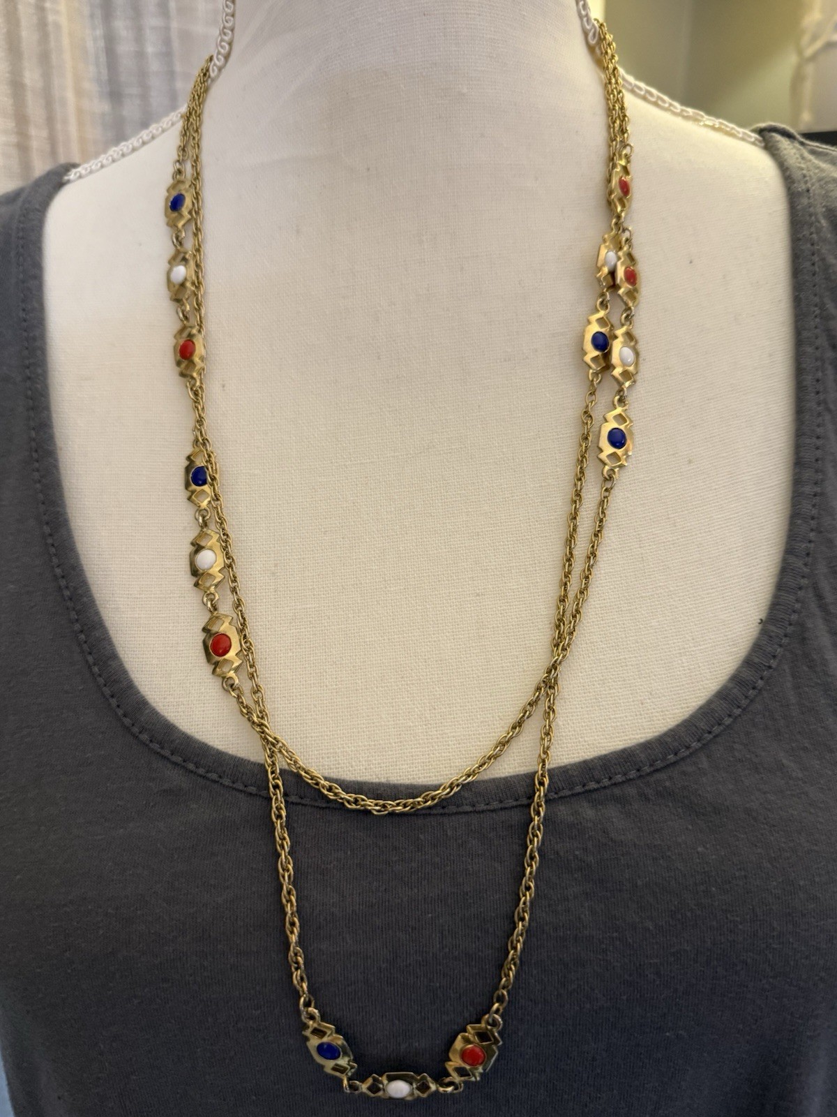 Vintage Red, White & Blue Gold Tone Station Necklace 56” Opera