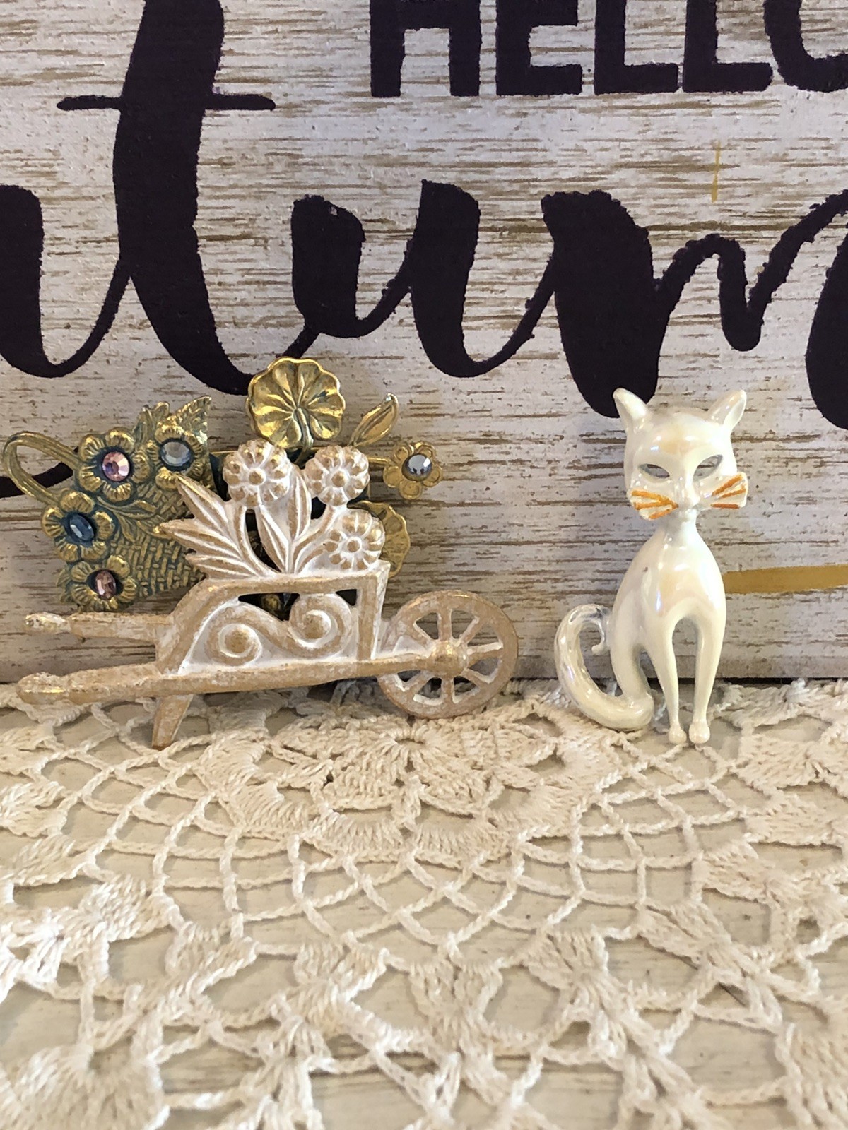 Two Vintage Brooches Flower Wheelbarrow & Iridescent White Cat Beautiful Pins