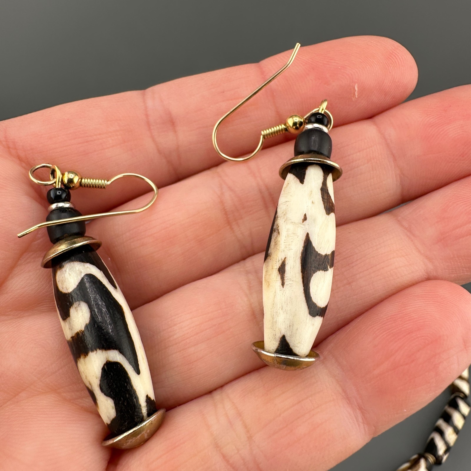 Vintage African Tribal Necklace Earrings Set Batik Bone Brown Cream Bovine Boho