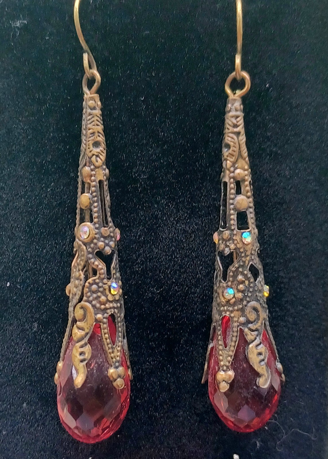 Vintage Czech Amber Lucite Brass Plated Dangle Wire Earrings