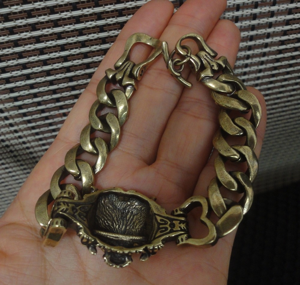 Solid Brass Cool Tiger Head Statue Vintage Style Men Bracelet with Gift Box