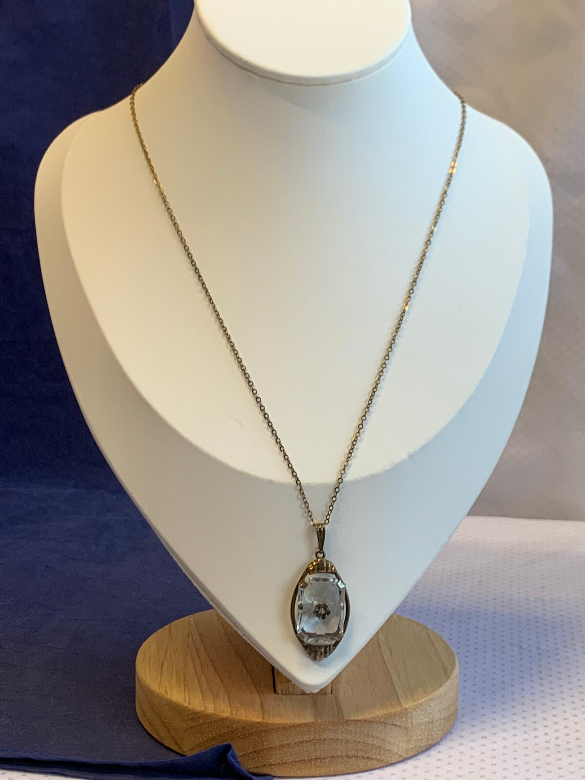 Vtg Gold Filled Necklace 18″ Jewelry Cable Chain Clear Stone Pendant