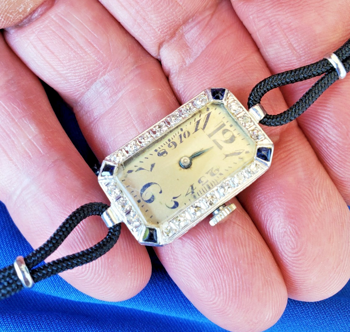 Original EARTH MINED DIAMOND Deco Sapphire Watch Antique PLATINUM Statement 1920