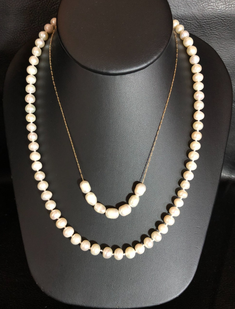Genuine Cultured Pearl Strand Necklace + Bead Chain Necklace Gold Tone P26