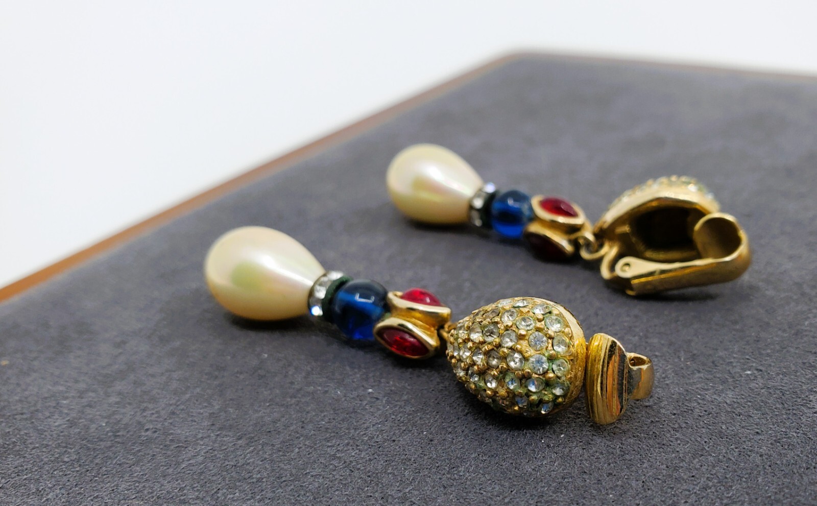 Christian DIOR VTG Gold Ruby Red Blue Glass Cabochons Faux Pearl Dangle Clip On
