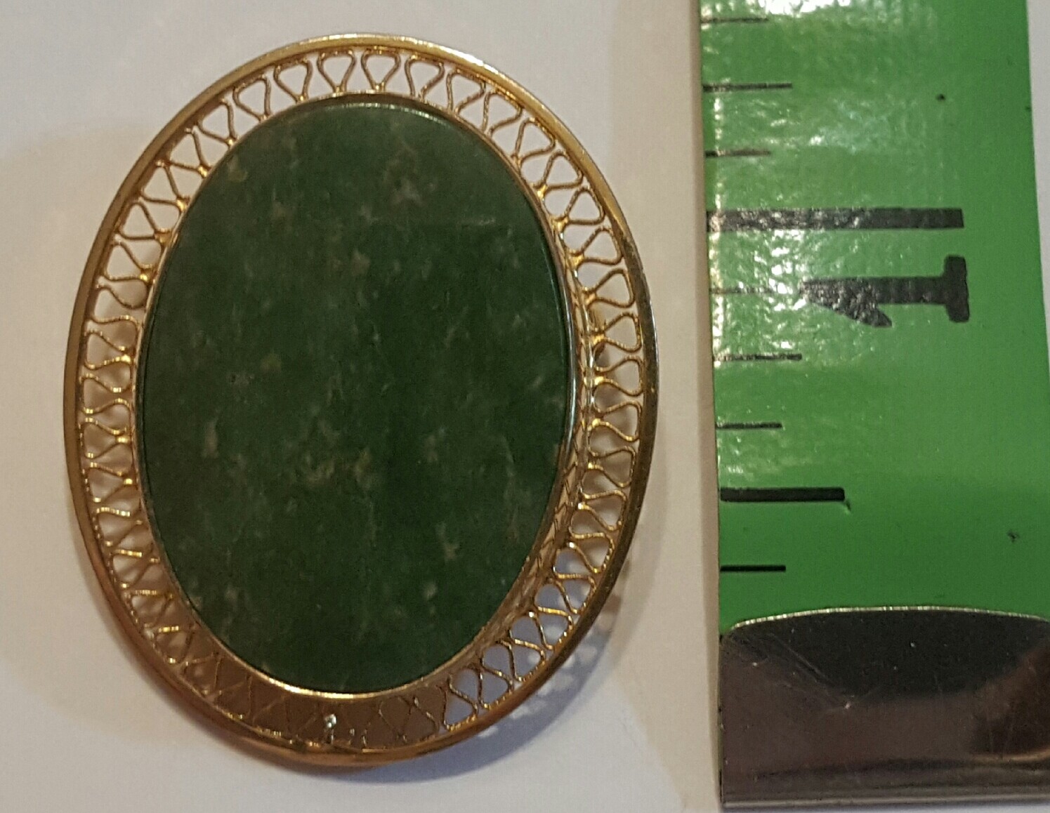 Vintage BURT CASSELL Oval Jade Pin Brooch w/ 12K Gold Filled Filigree Border